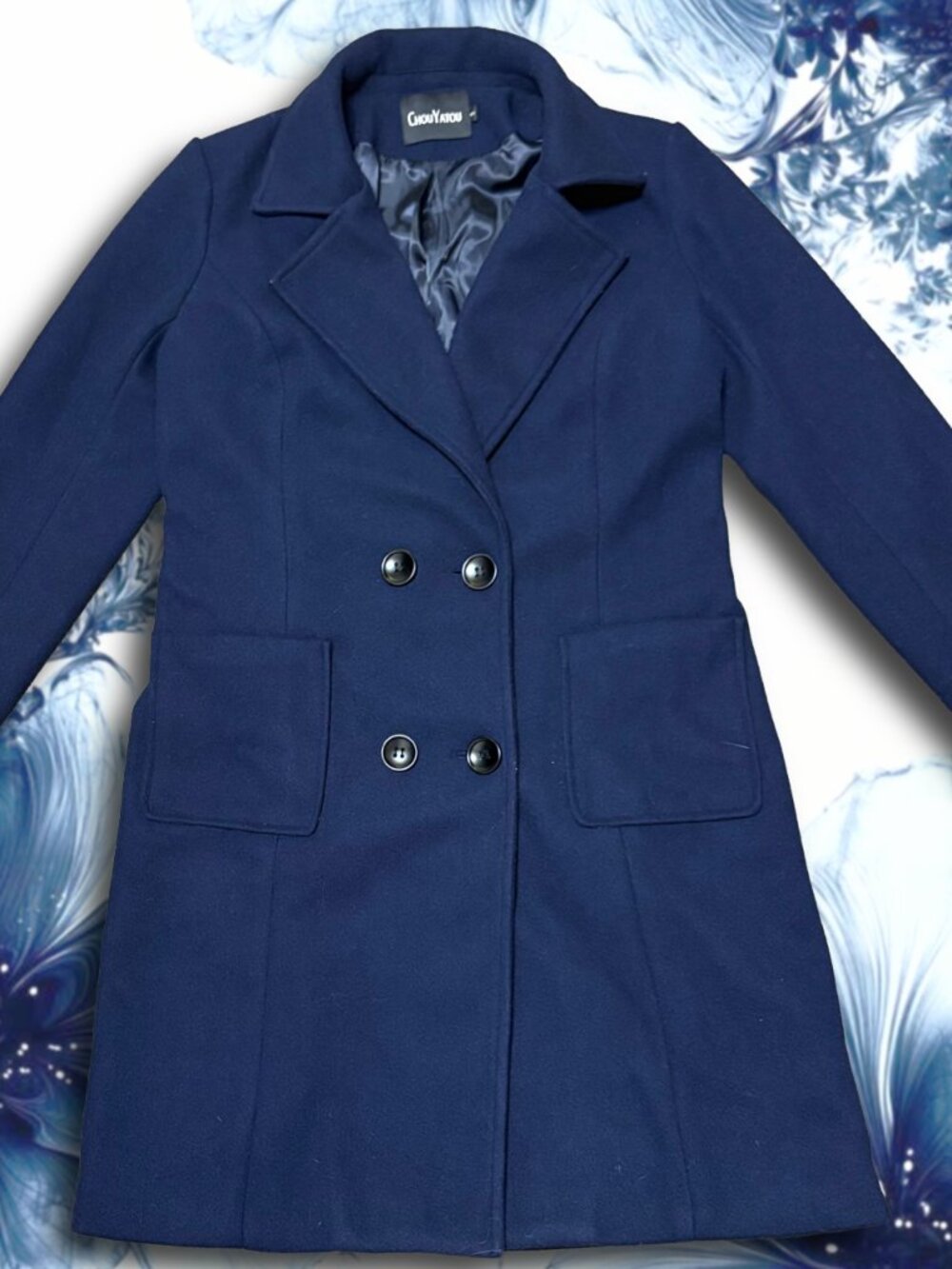 ChouYatou Navy Blue Double Breasted Wool Blend Peacoat